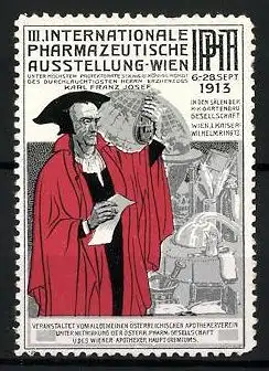 Reklamemarke Wien, III. Internationale Pharmazeutische Ausstellung IPHA 1913, Gelehrter mit Globus im Labor