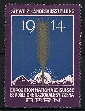 Reklamemarke Bern, Schweiz. Landesausstellung 1914, Getreideähre & Gebirgswand