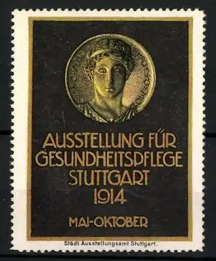 Reklamemarke Stuttgart, Ausstellung f. Gesundheitspflege 1914, Medaille mit griech. Gott