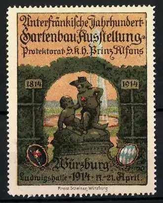 Reklamemarke Würzburg, Unterfränkische Jahrhundert-Gartenbau-Ausstellung 1914, zwei nackte Buben, Wappen