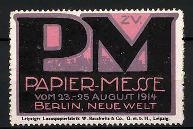 Reklamemarke Berlin, Papier-Messe 1914, Messelogo & Stadtsilhouette