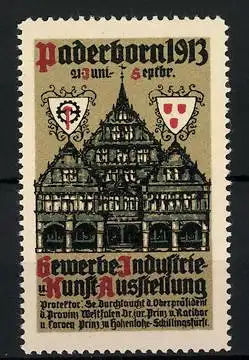 Reklamemarke Paderborn, Gewerbe-, Industrie- und Kunst-Ausstellung 1913, Gebäude & Wappen