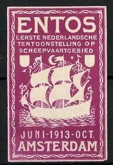 Präge-Reklamemarke Amsterdam, Eerste nederlandsche Tentoonstelling op Scheepvaartgebied 1913, Segelschiff & Wappen