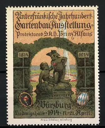 Reklamemarke Würzburg, Unterfränkische Jahrhundert-Gartenbau-Ausstellung 1914, zwei nackte Buben, Wappen