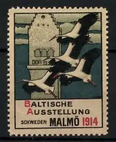 Reklamemarke Malmö, Baltische Ausstellung 1914, fliegende Störche