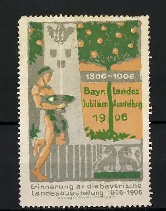 Reklamemarke Stuttgart, Bayr. Landes-Jubiläums-Ausstellung 1906, Mann am Brunnen