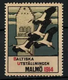 Reklamemarke Malmö, Baltiska Utställingen 1914, Störche passieren einen Turm