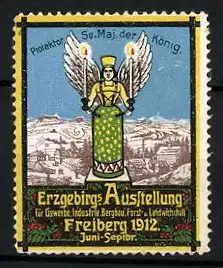 Reklamemarke Freiberg i. S., Erzgebirgs-Ausstellung f. gewerbe, Industrie & Bergbau 1912, Erzengel & Stadtansicht