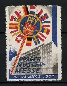 Reklamemarke Prag, Mustermesse 1930, Gebäude und Messelogo mit Flaggen