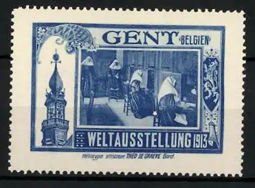 Reklamemarke Gent, Weltausstellung 1913, Nonnen im Kloster, Kirchturm & Wappen