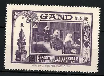Reklamemarke Gand, Exposition Universelle et Internationale 1913, Nonnen im Kloster, Kirchturm & Wappen
