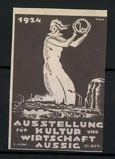 Reklamemarke Aussig, Ausstellung f. Kultur & Wissenschaft 1924, Mann mit Messelogo & Ortsansicht