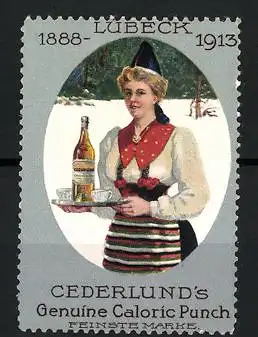 Reklamemarke Cederlund's Genuine Caloric Punch, Lübeckerin mit Tablett in Tracht