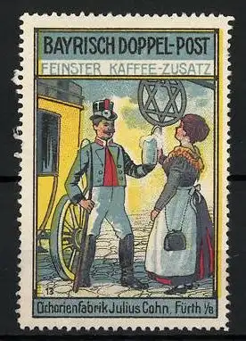 Reklamemarke Fürth, Bayrisch Doppelpost Kaffeezusatz, Cichorienfabrik Julius Cohn, Postkutscher mit Bierkrug