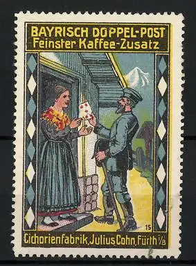 Reklamemarke Fürth, Bayrisch Doppelpost Kaffeezusatz, Cichorienfabrik Julius Cohn, Postbote