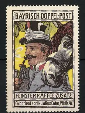 Reklamemarke Fürth, Bayrisch Doppelpost Kaffeezusatz, Cichorienfabrik Julius Cohn, Postkutscher mit Pferd raucht Pfeife
