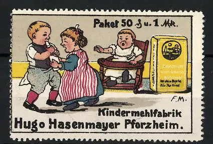 Reklamemarke Kindermehlfabrik Hugo Hasenmayer, Pforzheim, Kinder streiten sich um eine Babyflasche