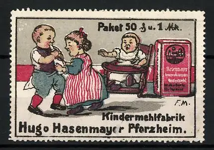Reklamemarke Kindermehlfabrik Hugo Hasenmayer, Pforzheim, Kinder streiten sich um eine Babyflasche