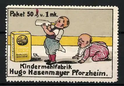 Reklamemarke Kindermehlfabrik Hugo Hasenmayer, Pforzheim, Bube trinkt einem Baby die Milch weg
