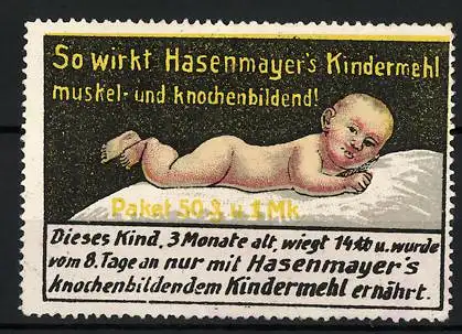 Reklamemarke Kindermehlfabrik Hugo Hasenmayer, Pforzheim, nacktes Baby liegt auf einem Kissen
