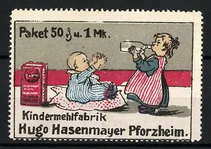 Reklamemarke Kindermehlfabrik Hugo Hasenmayer, Pforzheim, Mädchen trinkt einem Baby die Milch weg