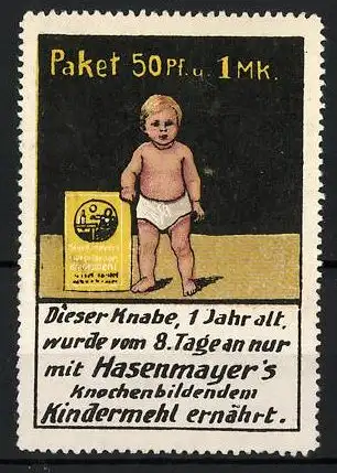 Reklamemarke Kindermehlfabrik Hugo Hasenmayer, Pforzheim, Kleinkind mit Windel