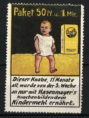 Reklamemarke Kindermehlfabrik Hugo Hasenmayer, Pforzheim, Kind im Hemdchen