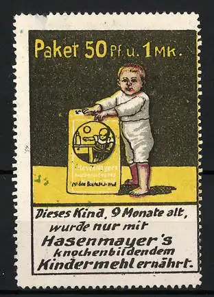 Reklamemarke Kindermehlfabrik Hugo Hasenmayer, Pforzheim, Kind steht an einer Schachtel Kindermehl