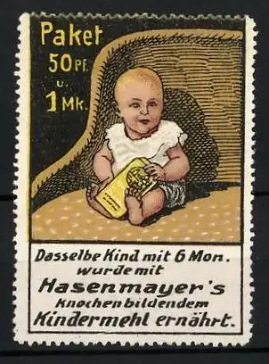 Reklamemarke Kindermehlfabrik Hugo Hasenmayer, Pforzheim, Kleinkind mit WindelKleinkind mit Kindermehl-Schachtel