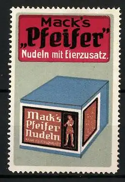 Reklamemarke Mack's Pfeifer Nudeln mit Eierzusatz, Schachtel Nudeln