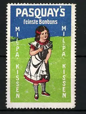 Reklamemarke Pasquay's feinste Bonbons, Milpa-Kissen, Mädchen mit Bonbons auf der Wiese