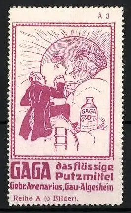 Reklamemarke GAGA das flüssige Putzmittel, Gebr. Avenarius, Gau-Algersheim, Mann poliert die Sonne, Reihe A, Bild 3