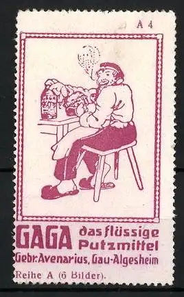 Reklamemarke GAGA das flüssige Putzmittel, Gebr. Avenarius, Gau-Algersheim, Mann poliert einen Helm, Reihe A, Bild 4
