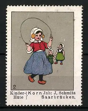 Reklamemarke Kinderhüte von J. Schmitz, Saarbrücken, Mädchen beim Seilspringen