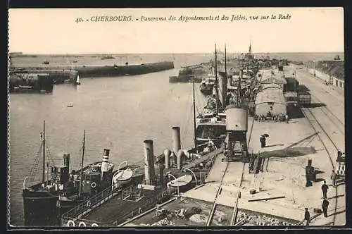 AK Cherbourg, Panorama des Appontements et des Jetées vue sur la Rade