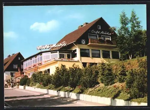 AK Schulenburg /Oberharz, Café Muhs, Blick von der Strasse auf die Terrasse