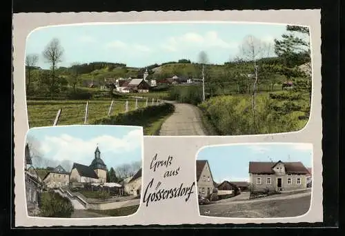 AK Gössersdorf, Ortspartie mit Kirche, Strassenpartie, Ortsansicht