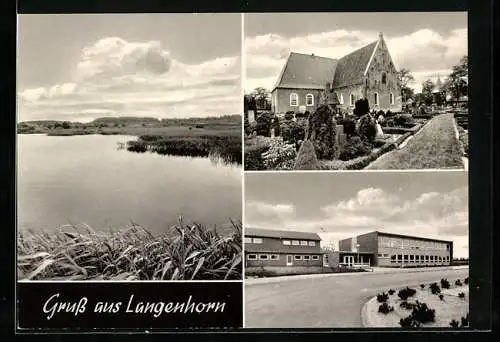 AK Langenhorn /Nordfriesland, Kirche mit Friedhof, Flachdach-Gebäude
