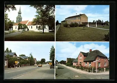 AK Lehe /Lunden, Strassenpartie, Reetdachhaus, Kirche
