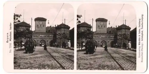 Stereo-Fotografie Aristophot, Taucha, Ansicht München, Strassenbahn am Isartor, Litfasssäule