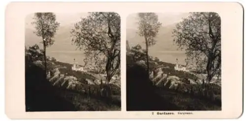 Stereo-Fotografie unbekannter Fotograf, Ansicht Gargnano, Blick nach der Stadt mit den Weinbergen und dem Gardasee