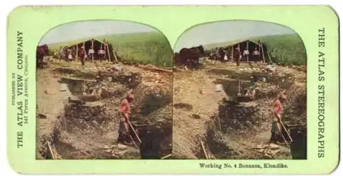 Stereo-Fotografie Atlas View Co., Chicago, Ansicht Dawson, Goldarbeiter am Bonaza Creek im Klondike, Goldgräber