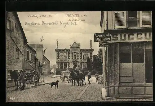 AK Rethel, Sanitätsstrasse mit Soldaten und Fuhrwerken