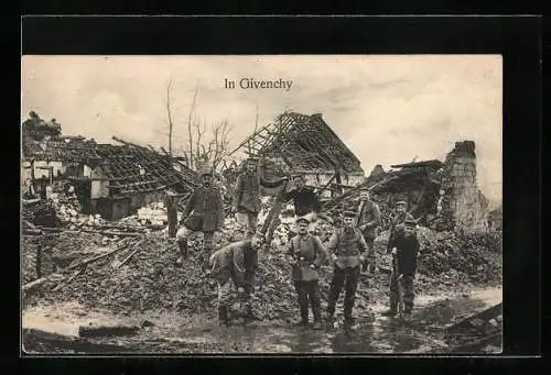 AK Givenchy, Soldaten vor kriegszerstörten Häusern