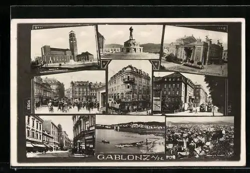 AK Gablonz / Jablonec Nad Nisou, Cafe Metzler, Stadttheater, Neue kath. Kirche mit Nibelungenbrunnen