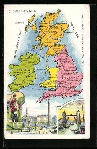 Künstler-AK England, Karte Grossbritanniens, Dudelsackspieler, Tower Bridge