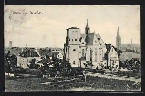 AK Kevelaer, Ortsansicht mit Kirchen