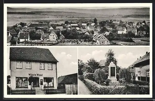 AK Hahndorf, Gemischtwaren Wilhelm Wissel, Kriegerdenkmal, Ortsansicht