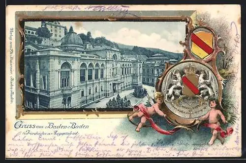 Passepartout-Lithographie Baden Baden, Friedrichs- und Augustabad, Wappen