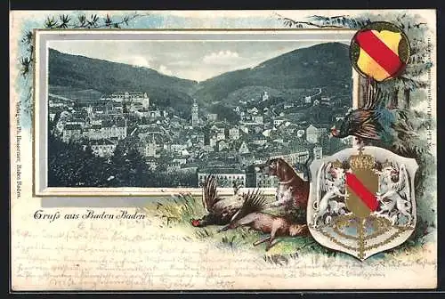 Passepartout-Lithographie Baden Baden, Totalansicht der Stadt, Wappen